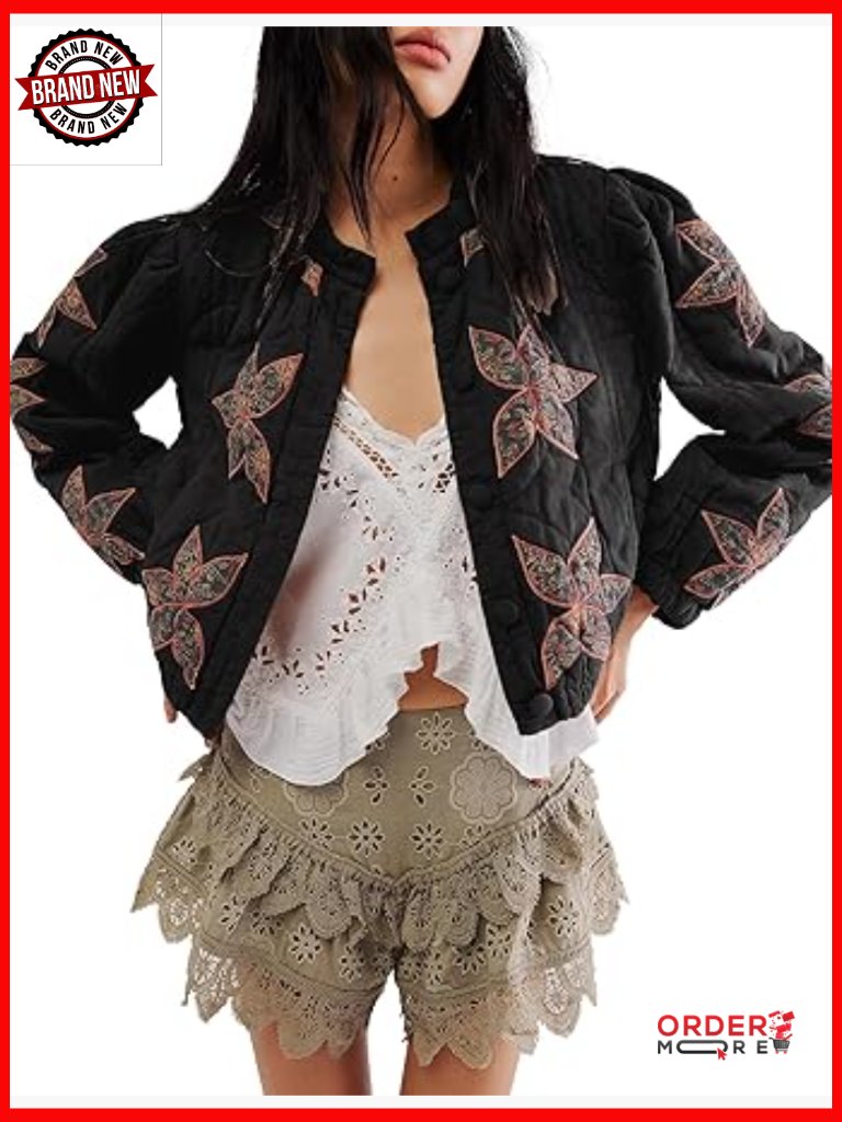 Floral Quilted Cropped Puffer Jacket Lightweight Button Down Winter Coat